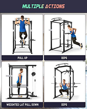 Power Squat Rack Power Cage with LAT Pulldown Attachments Power Squat Rack Adjustable Barbell Strength Training Smith Machine for Home Gym