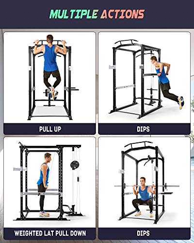 Power Rack Squat Rack Power Cage with LAT Pulldown Strength Training Smith Machine 1600-Pound Capacity 14 Height Adjustable Squat Cage with Pull-up Bar for Home Gym Barbell