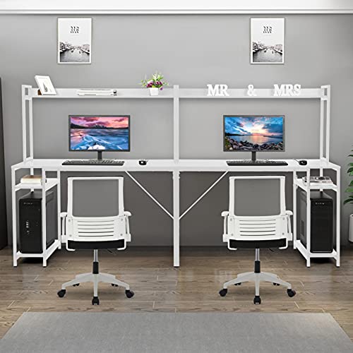 Two Person Computer Desk with Hutch and Storge Shelves, 94.5 inches Double Workstation Desk Extra Large Home Office Desk Multifunction Writing Desk (White)