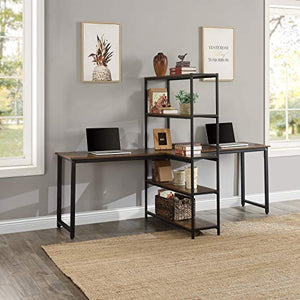 PovKeever Home Office Two Person Computer Desk with Shelves, Extra Large Double Workstations Office Desk with Storage Shelves (Brown)
