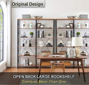 O&K FURNITURE Industrial Double Wide 6-Shelf Bookcase, 76" H - Vintage Brown