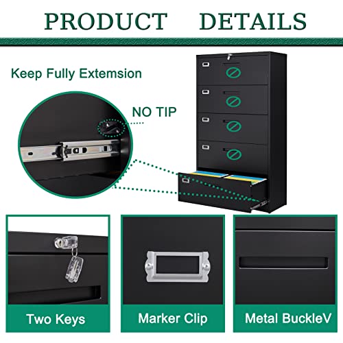 Letaya 5 Drawer File Cabinet with Lock - Metal Lateral Filing Cabinet for Home Office - Black