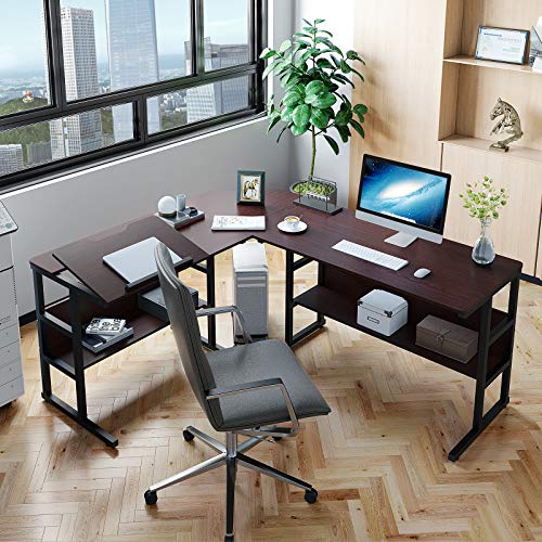 YITAHOME Tiltable Modern L-Shaped Computer Desk with Bookshelf, 67 inch Double Workstation Corner Studying Desk Drafting Drawing Gaming Table for Office Home, Walnut