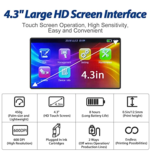 BENTSAI Handheld Inkjet Printer with 4.3 Inch HD LED Touch Screen - Portable Printer for Labels, Logos, Dates, Codes - BT-HH6105B2