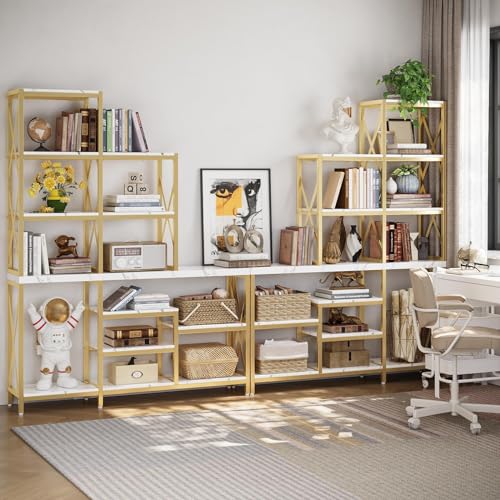 HolliWill Gold Book Shelves Set of 2 - 70'' H Etagere Bookcase with Metal Frame, 110'' W Modern White Wood Shelf