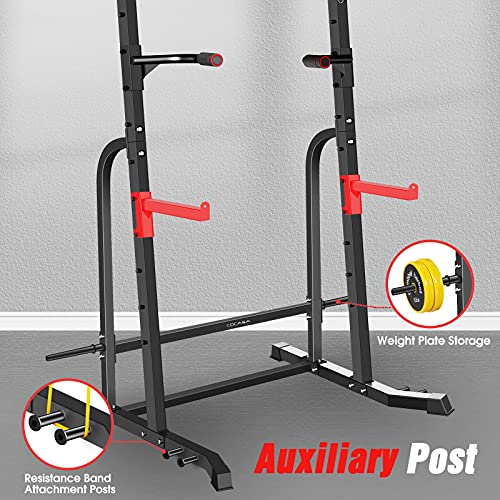 CDCASA Power Squat Rack, Adjustable Exercise Power Cage, Multi-Function J-Hook Power Tower with Pull Up Bar, Strength Weight Lifting Workout Squat Stand for Home Gym Fitness Equipment