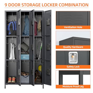 SUXXAN 72" Tall Metal Storage Lockers with 9 Doors, Hooks, Dark Gray