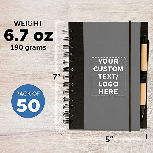 50 ECO Block Notebooks with Pens Pack - Customizable Text, Logo - Spiral, Recycled, Elastic Loop - Smoke