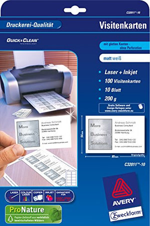 Avery Zweckform Business Cards Quick&Clean Inkjet Laser Copier 200 g/m² DIN A4 85 x 54 mm Matt White 5000 Cards 500 Sheets