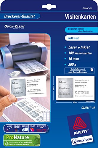 Avery Zweckform Business Cards Quick&Clean Inkjet Laser Copier 200 g/m² DIN A4 85 x 54 mm Matt White 5000 Cards 500 Sheets