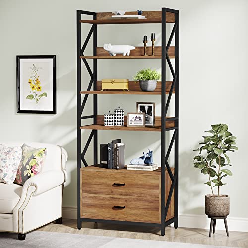 Tribesigns Industrial Bookshelf with Drawers, 70.8" - 5 Shelf Open Storage, Brown - 2pcs
