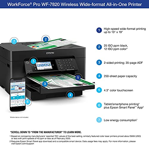 Epson WorkForce Pro WF-7820 Wireless All-in-One Wide-format Printer with Auto 2-sided Print up to 13 inches x 19 inches (Renewed)