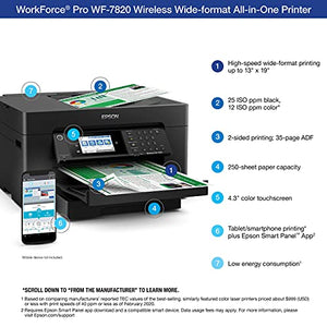 Epson Workforce Pro WF-7820 Wireless All-in-One Wide-Format Printer, Auto 2-Sided Printing, Print Scan Copy Fax, 250-sheet, 4.3" Screen, Works with Alexa, Bundle with JAWFOAL Printer Cable.