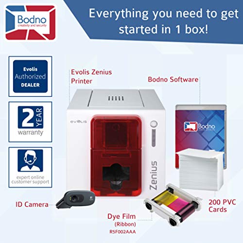 Evolis Zenius Single Sided ID Card Printer & Complete Supplies Package with Bodno Bronze Edition ID Software