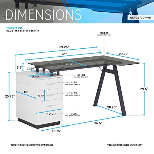 Techni Mobili Modern Smoke Tempered Glass top & Storage Home Office Computer Writing Desk Workstation with Two Cupholders and a Headphone Hook-Pine, White