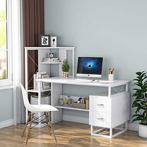 Tribesigns Computer Desk with Drawers, Functional Writing Desk with Corner Tower Shelves Works as Home Office Compact Workstation Desk for Small Space (All White)