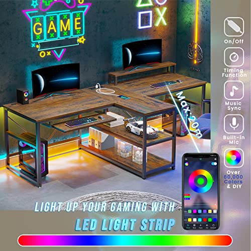 SEDETA 94.5" Home Office Gaming Desk with Storage, LED Lights, Power Strip, Keyboard Tray & Monitor Stand, Rustic Brown