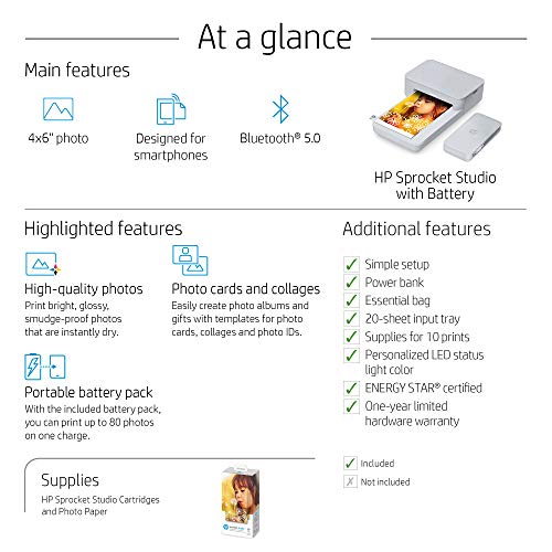 HP Sprocket Studio 4x6” Instant Photo Printer – Print Photos from Your iOS, Android Devices & Social Media - Paper, Ink & Charger Bundle