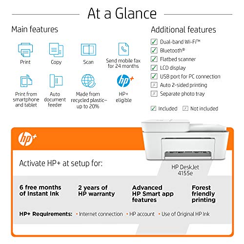 HP DeskJet 4155e All-in-One Wireless Color Printer, with bonus 6 months free Instant Ink with HP+ (26Q90A) , White
