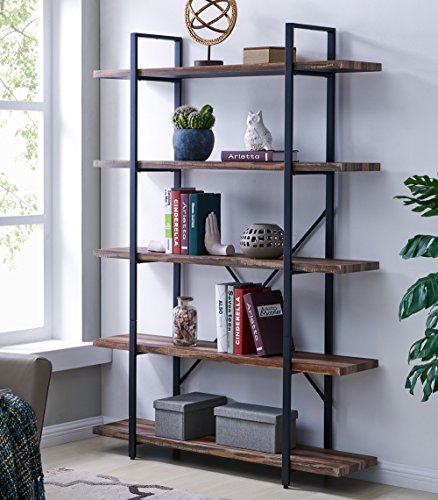 Homissue 5-Tier Bookcase, Vintage Industrial Wood and Metal Bookshelves for Home and Office Organizer, Retro Brown