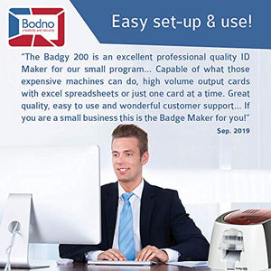 Badgy200 Color Plastic ID Card Printer with Complete Supplies Package with Bodno ID Software - Bronze Edition