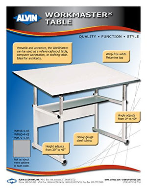 Alvin WM72-4-XB WorkMaster Table with White Steel Base and White Melamine Table Top 37.5" x 72" Inches, Height Adjusts from 29" to 46" in Horizontal Position, Angle Adjusts from Horizontal 0° to 40°