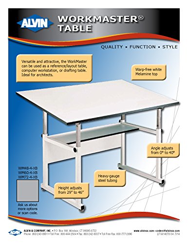 Alvin WM72-4-XB WorkMaster Table with White Steel Base and White Melamine Table Top 37.5" x 72" Inches, Height Adjusts from 29" to 46" in Horizontal Position, Angle Adjusts from Horizontal 0° to 40°