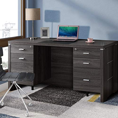 Benzara BM179608 Wooden Desk with Locking Drawers, Gray