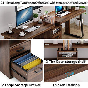 Tribesigns 94.5 inches Two Person Computer Desk, Double Computer Desk with Storage Shelves, Extra Long Workstation Large Office Desk with Two Drawers, Study Writing Desk for Home Office
