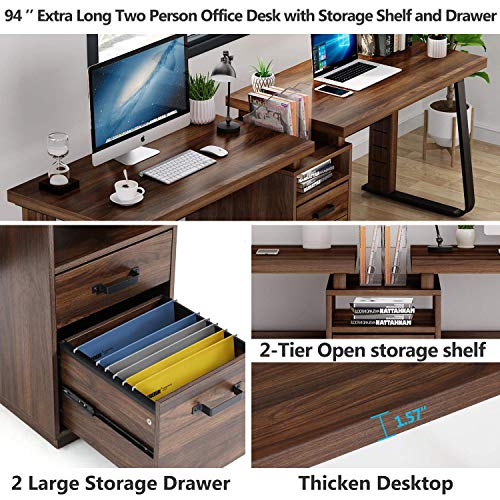 Tribesigns 94.5 inches Two Person Computer Desk, Double Computer Desk with Storage Shelves, Extra Long Workstation Large Office Desk with Two Drawers, Study Writing Desk for Home Office