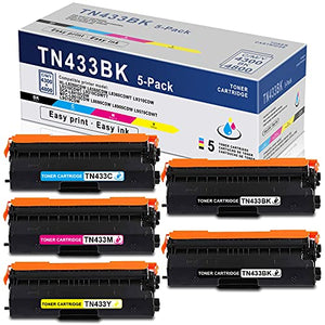5 Pack (2BK+1C+1M+1Y) High Yield Compatible TN433 TN-433 TN433BK TN433C TN433M TN433Y Toner Cartridge Replacement for MFC-L8610CDW L8690CDW L8900CDW L9570CDW DCP-L8410CDW Printer