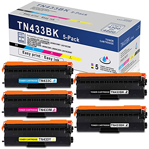 5 Pack (2BK+1C+1M+1Y) High Yield Compatible TN433 TN-433 TN433BK TN433C TN433M TN433Y Toner Cartridge Replacement for MFC-L8610CDW L8690CDW L8900CDW L9570CDW DCP-L8410CDW Printer