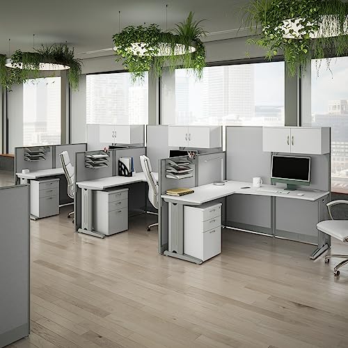 Bush Business Furniture Office in an Hour Triple Workstation Set | L Shaped Cubicle Desks with Storage, Drawers, and Organizers | 3 Person Commercial Workspace Solution