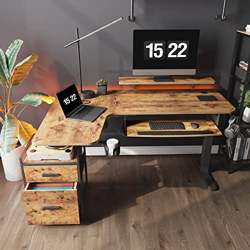EUREKA ERGONOMIC Electric Standing Desk with Keyboard Tray, 61" L-Shaped, Adjustable Height, LED Monitor Stand - Rustic Brown
