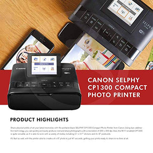 Canon SELPHY CP1300 Compact Photo Printer (Black) with WiFi and Accessory Bundle w/Canon Color Ink and Paper Set