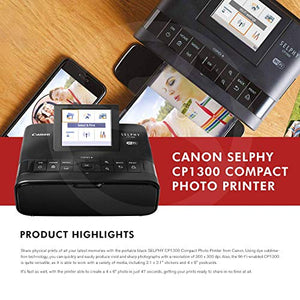 Canon SELPHY CP1300 Compact Photo Printer (Black) with WiFi w/Canon Color Ink and Paper Set + Case + Battery