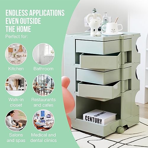 Trashaholic Multipurpose Utility Storage Cart - ABS Plastic Caddy with Wheels and Drawers - Professional Trolley Cart - Sage Green