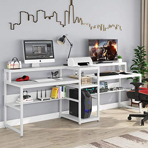 Tribesigns 94.5 inch Double Computer Desk with Storage Shelf, Extra Long Two Persons Desk with Printer Shelf, Large Office Desk Study Writing Table for Home Office (White)