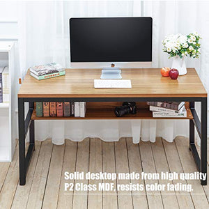 TOPSKY 55" Computer Desk with Bookshelf/Metal Desk Grommet Hole Wire Cover Rustic Brown