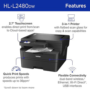 Brother HL-L2480DW Wireless Monochrome Laser Printer | Copy, Scan, Duplex, Mobile | Black & White | Refresh Subscription Trial | Amazon Dash Replenishment Ready