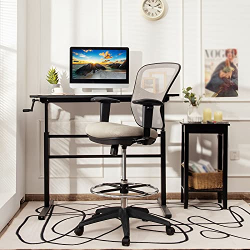 Mesh Drafting Chair with Adjustable Armrests & Footrest - Grey