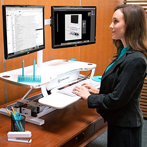 VersaDesk Power Pro USA Manufactured | Electric Height-Adjustable Desk Riser | Standing Desk Converter | Sit to Stand Desktop with Keyboard + Mouse Tray | 36" X 24" | All White