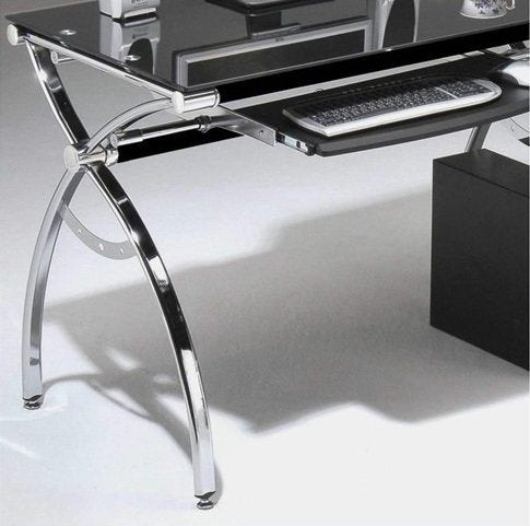 Corner Computer Desk Black Glass L-shaped W/ Keyboard Tray and Workspace Contemporary Modern Niche Home Office Space L Shaped Nook