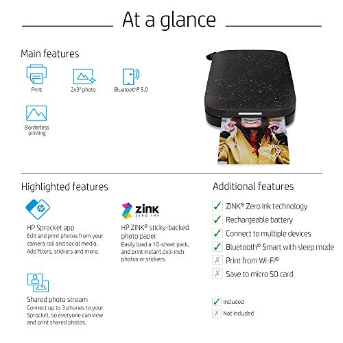 HP Sprocket Portable 2x3" Instant Photo Printer (Noir) Print Pictures on Zink Sticky-Backed Paper from your iOS & Android Device.