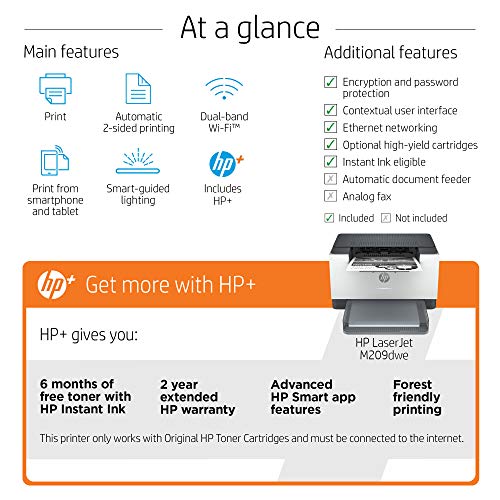 HP LaserJet M209dwe Wireless Monochrome Printer with built-in Ethernet & fast 2-sided printing, HP+ and bonus 6 months Instant Ink (6GW62E)