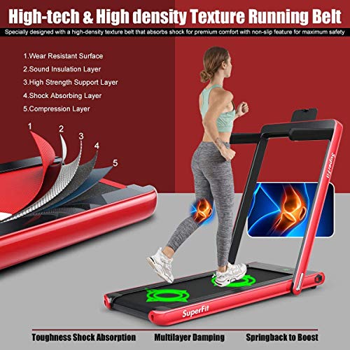 Byroce Adjustable Folding Treadmill, 2.25HP Speed Adjustable Under-Desk Electric Treadmill with Folding Handrails, Bluetooth Speaker, Remote Control and LED Display, Use Jogging Machine (Red)