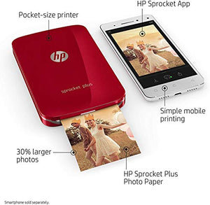 HP Sprocket Plus Instant Photo Printer, Print 30% Larger Photos on 2.3x3.4 Sticky-Backed Paper – Red (2FR87A), Small