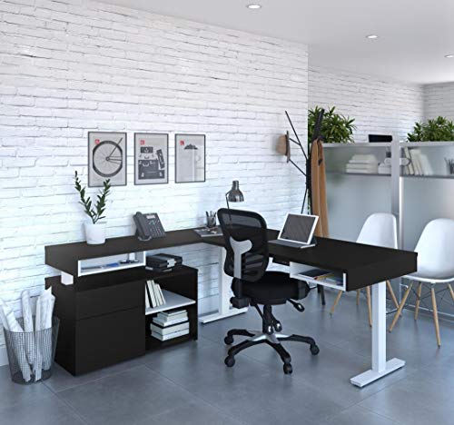 Bestar Viva L-Shaped Standing Desk with Credenza, 72W, Black & White
