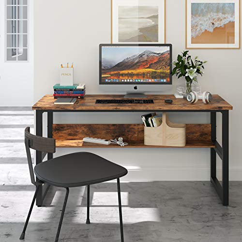 IRONCK Computer Desk 55" with Bookshelf, Office Desk, Writing Desk, Wood and Metal Frame, Industrial Style, Study Table Workstation for Home Office Furniture