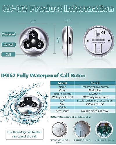 WNKRUN Restaurant Pager System with 1 Number Display Host/20 3-Key Call Buttons/3 Watch Pagers